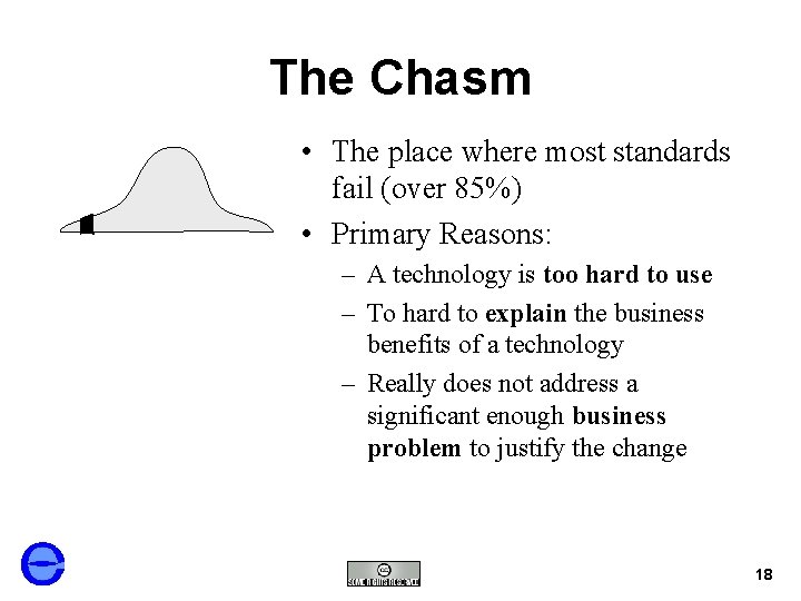 The Chasm • The place where most standards fail (over 85%) • Primary Reasons: