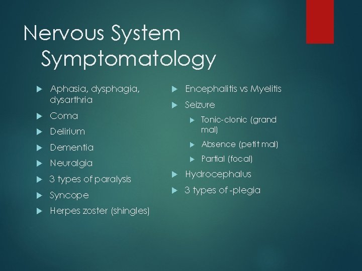 Nervous System Symptomatology Aphasia, dysphagia, dysarthria Coma Delirium Encephalitis vs Myelitis Seizure Tonic-clonic (grand