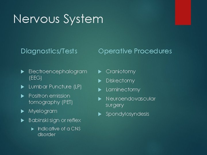 Nervous System Diagnostics/Tests Electroencephalogram (EEG) Lumbar Puncture (LP) Positron emission tomography (PET) Myelogram Babinski