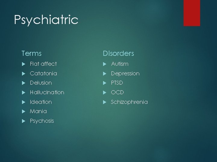Psychiatric Terms Disorders Flat affect Autism Catatonia Depression Delusion PTSD Hallucination OCD Ideation Schizophrenia