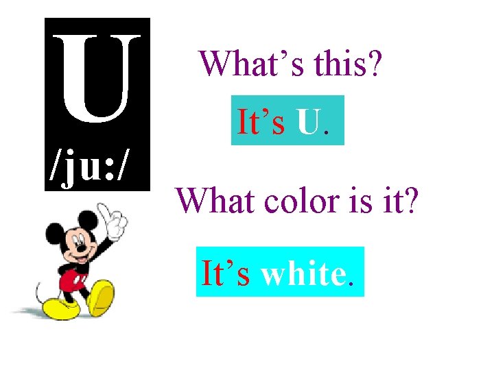 U /ju: / What’s this? It’s U. What color is it? It’s white. 