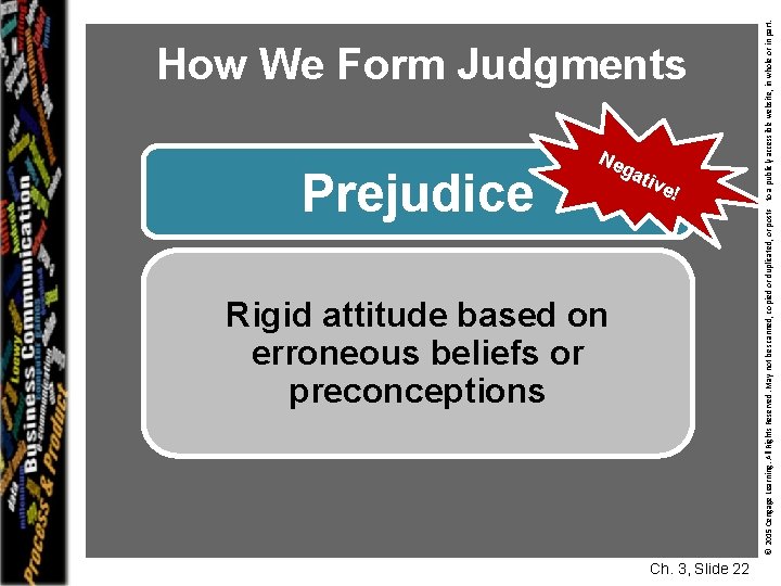 Prejudice Ne g ati ve! Rigid attitude based on erroneous beliefs or preconceptions Ch.