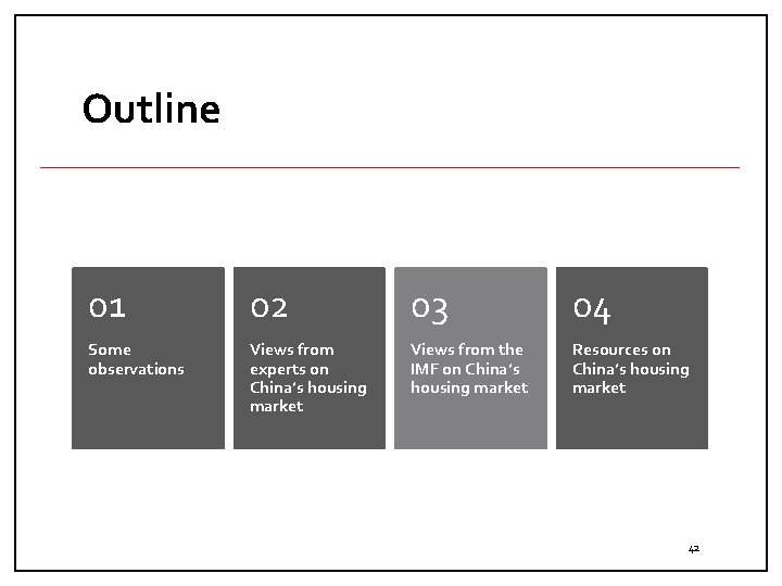 Outline 01 02 03 04 Some observations Views from experts on China’s housing market