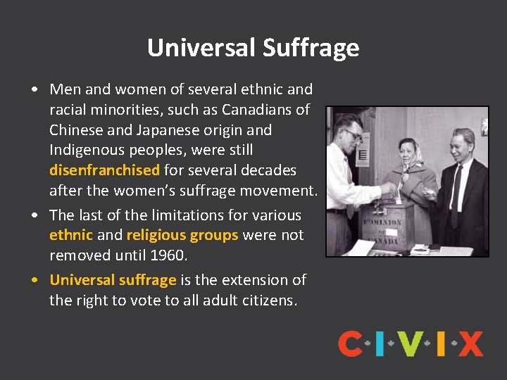 Universal Suffrage • Men and women of several ethnic and racial minorities, such as