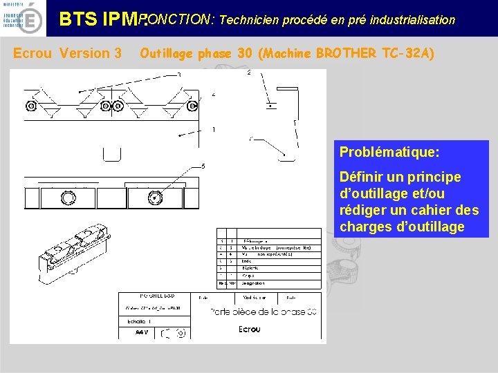 FONCTION: Technicien procédé en pré industrialisation BTS IPM : Ecrou Version 3 Outillage phase