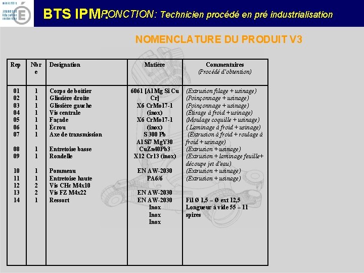 FONCTION: Technicien procédé en pré industrialisation BTS IPM : NOMENCLATURE DU PRODUIT V 3