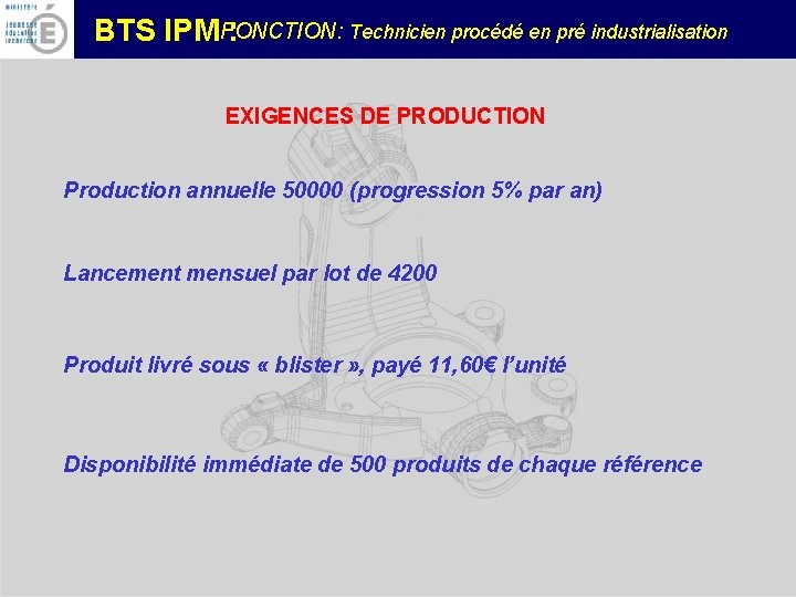 FONCTION: Technicien procédé en pré industrialisation BTS IPM : EXIGENCES DE PRODUCTION Production annuelle