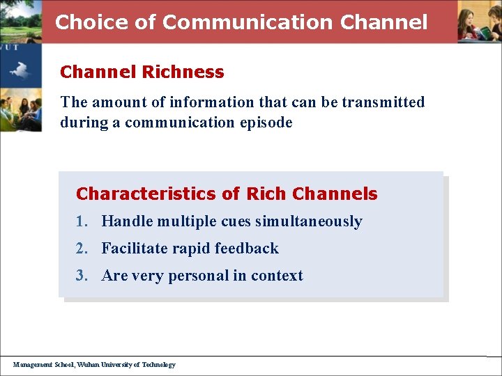 Choice of Communication Channel Richness The amount of information that can be transmitted during