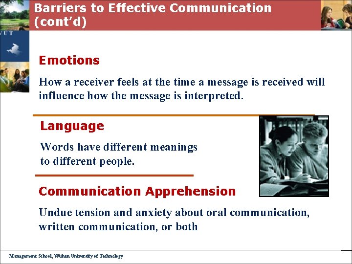 Barriers to Effective Communication (cont’d) Emotions How a receiver feels at the time a