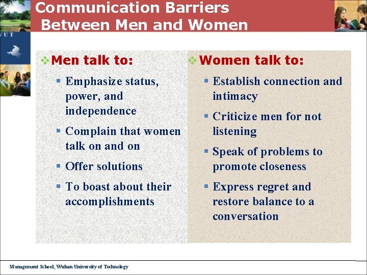 Communication Barriers Between Men and Women v. Men talk to: § Emphasize status, power,