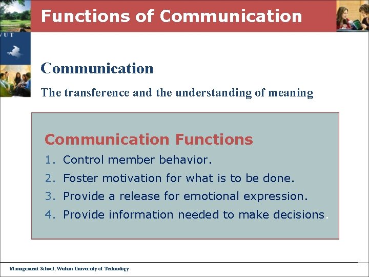 Functions of Communication The transference and the understanding of meaning Communication Functions 1. Control
