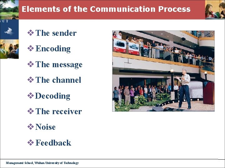 Elements of the Communication Process v The sender v Encoding v The message v