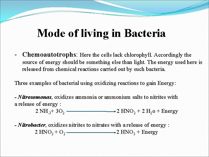 Mode of living in Bacteria Chemoautotrophs: Here the cells lack chlorophyll. Accordingly the source