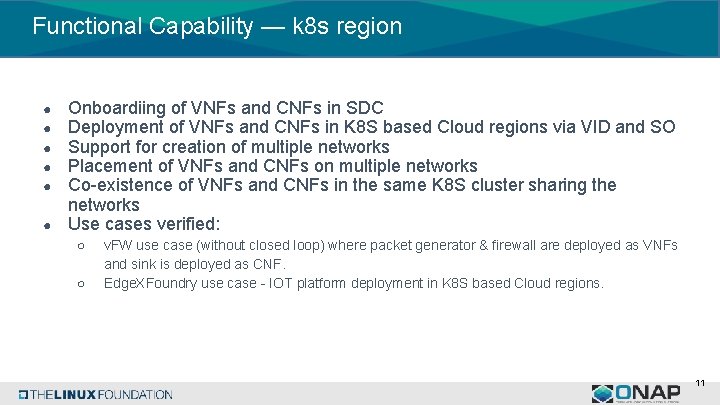 Functional Capability — k 8 s region ● ● ● Onboardiing of VNFs and