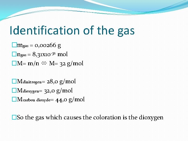 Identification of the gas �mgas = 0, 00266 g �ngas = 8, 31 x