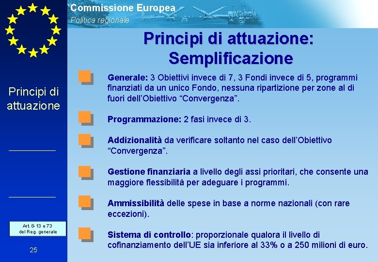 Commissione Europea Politica regionale Principi di attuazione: Semplificazione Principi di attuazione Generale: 3 Obiettivi