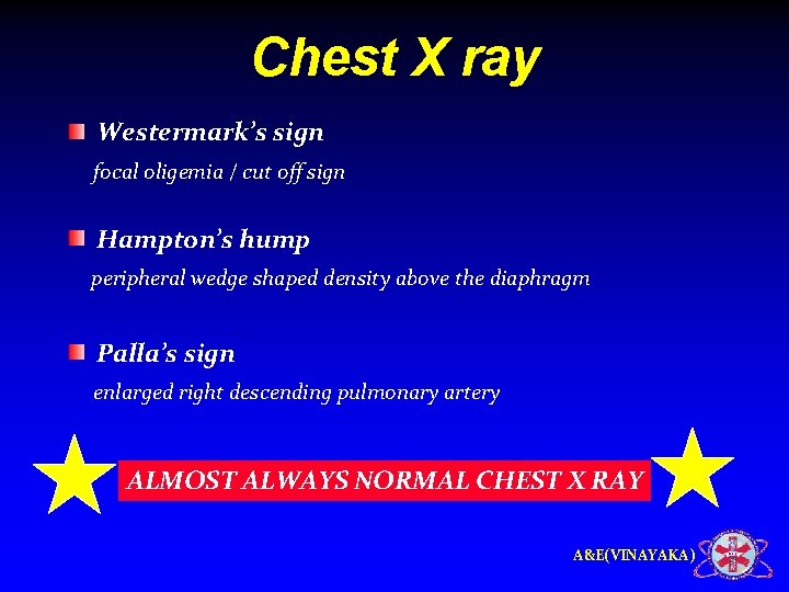 Chest X ray Westermark’s sign focal oligemia / cut off sign Hampton’s hump peripheral