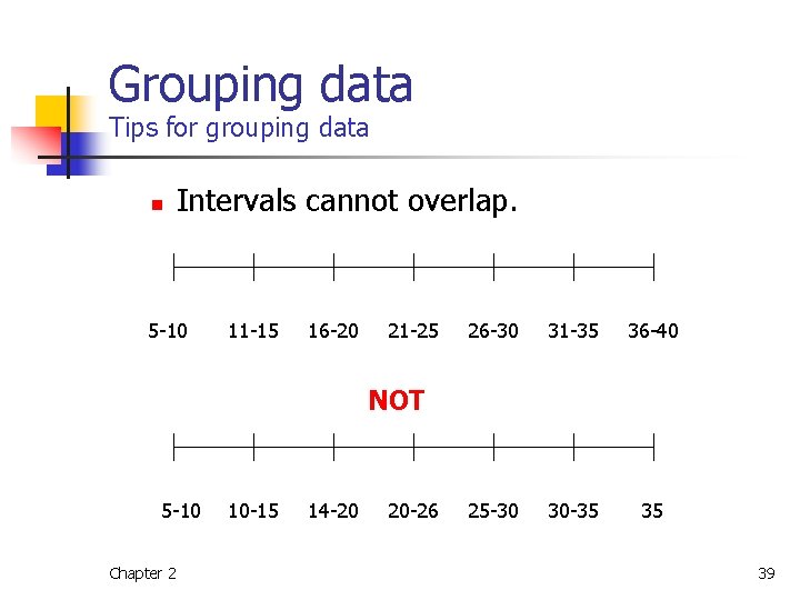 Grouping data Tips for grouping data n Intervals cannot overlap. 5 -10 11 -15