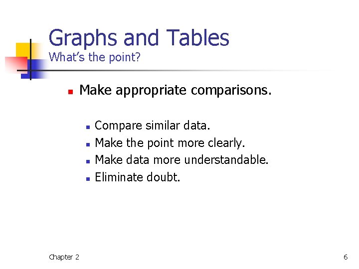 Graphs and Tables What’s the point? n Make appropriate comparisons. n n Chapter 2