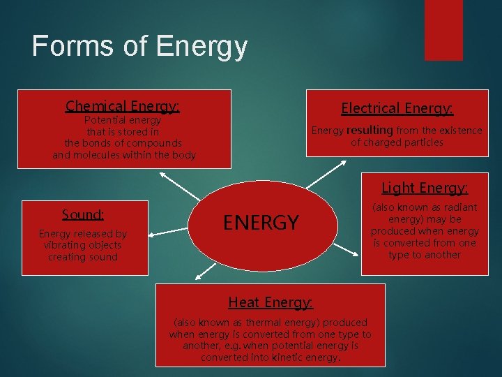 Forms of Energy Chemical Energy: Electrical Energy: Potential energy that is stored in the