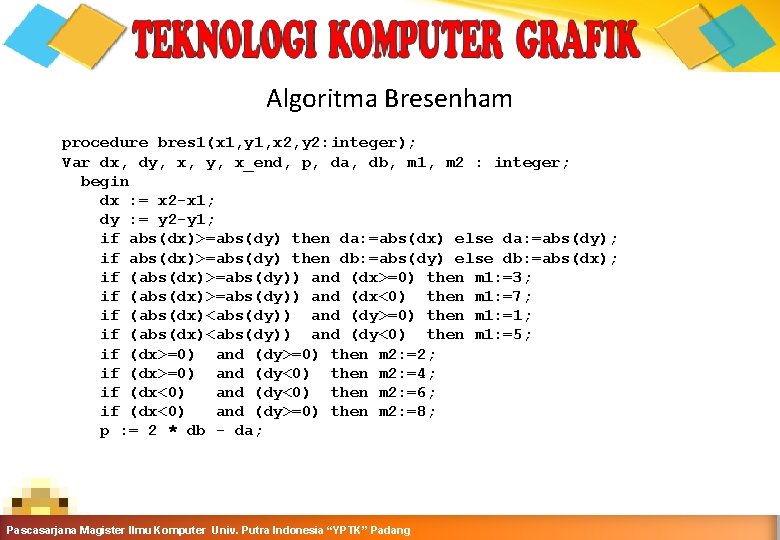 Algoritma Bresenham procedure bres 1(x 1, y 1, x 2, y 2: integer); Var