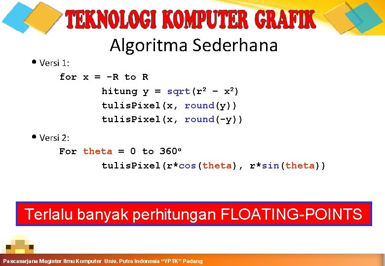  • Versi 1: Algoritma Sederhana for x = -R to R hitung y