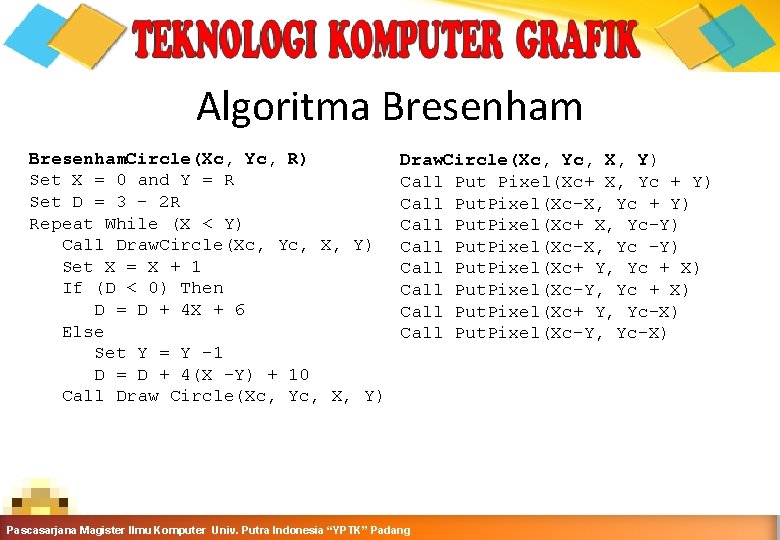 Algoritma Bresenham. Circle(Xc, Yc, R) Set X = 0 and Y = R Set