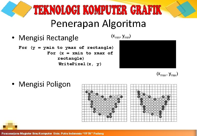 Penerapan Algoritma • Mengisi Rectangle (xmin, ymin) For (y = ymin to ymax of