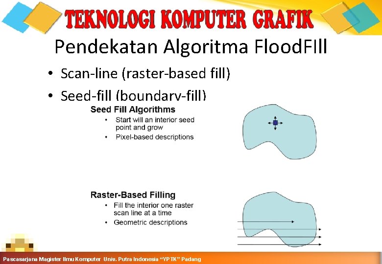 Pendekatan Algoritma Flood. FIll • Scan-line (raster-based fill) • Seed-fill (boundary-fill) Grafika Komputer-Teknik Informatika-Semester