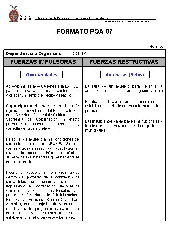 Gobierno del Estado Sistema Integral de Planeación, Programación y Presupuestación Proceso para el Ejercicio