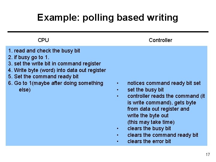 Example: polling based writing CPU 1. read and check the busy bit 2. if