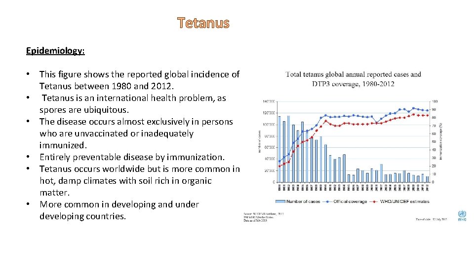 Tetanus Epidemiology: • This figure shows the reported global incidence of Tetanus between 1980