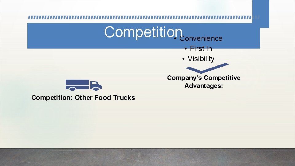 Competition • Convenience • First In • Visibility Company’s Competitive Advantages: Competition: Other Food