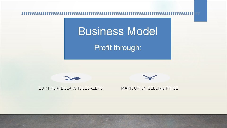 Business Model Profit through: BUY FROM BULK WHOLESALERS MARK UP ON SELLING PRICE 