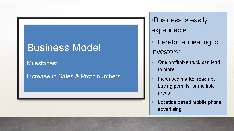  • Business is easily expandable. Business Model Milestones: Increase in Sales & Profit