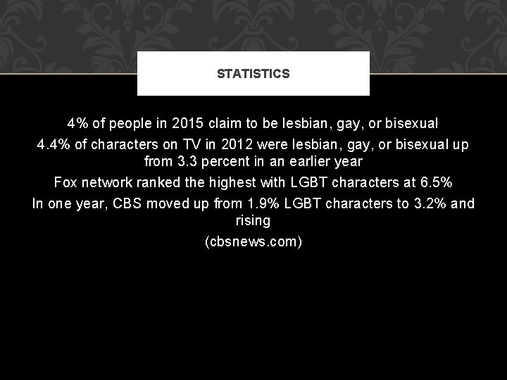 STATISTICS 4% of people in 2015 claim to be lesbian, gay, or bisexual 4.