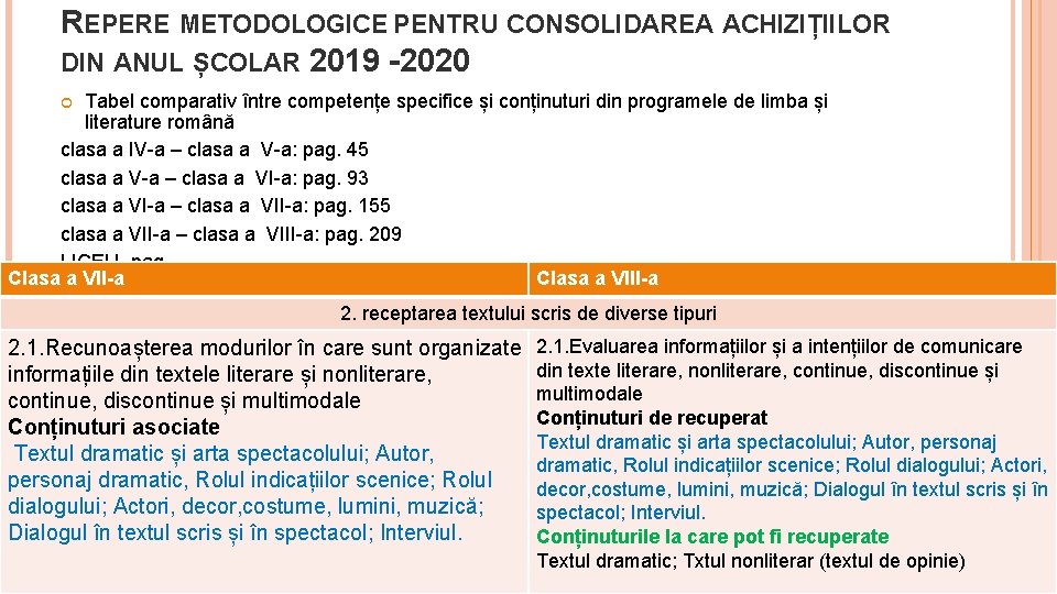 REPERE METODOLOGICE PENTRU CONSOLIDAREA ACHIZIȚIILOR DIN ANUL ȘCOLAR 2019 -2020 Tabel comparativ între competențe