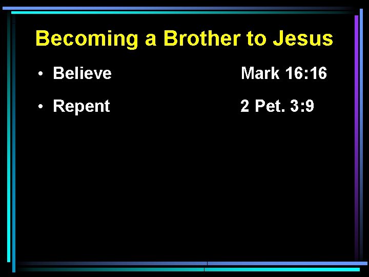 Becoming a Brother to Jesus • Believe Mark 16: 16 • Repent 2 Pet.