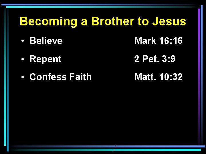 Becoming a Brother to Jesus • Believe Mark 16: 16 • Repent 2 Pet.