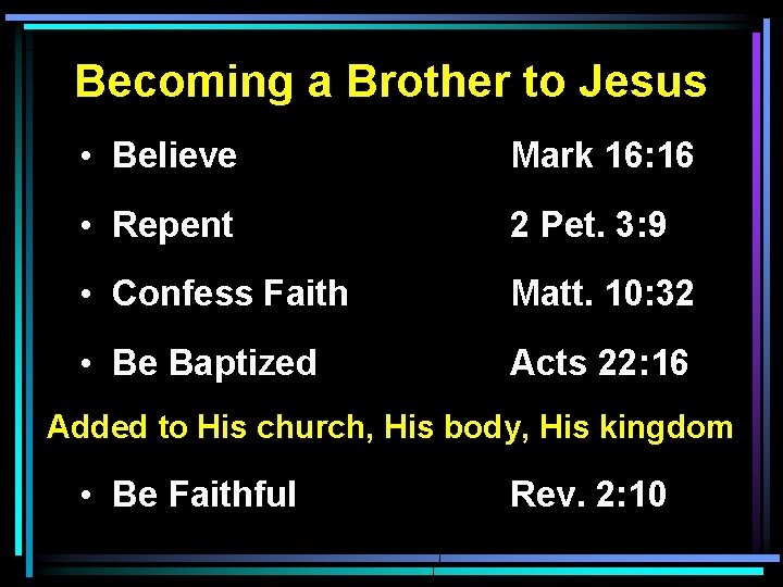 Becoming a Brother to Jesus • Believe Mark 16: 16 • Repent 2 Pet.