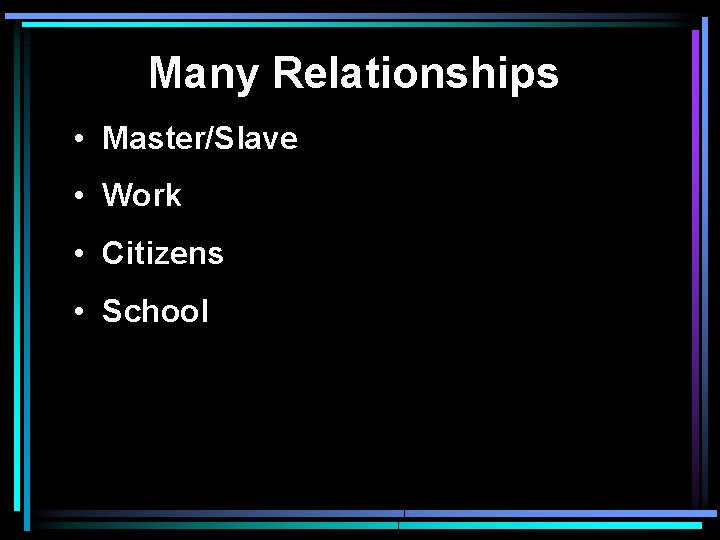 Many Relationships • Master/Slave • Work • Citizens • School 