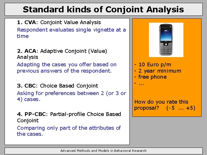 Standard kinds of Conjoint Analysis 1. CVA: Conjoint Value Analysis Respondent evaluates single vignette