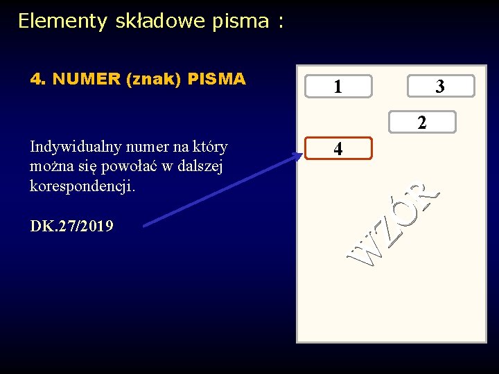 Elementy składowe pisma : 4. NUMER (znak) PISMA 3 1 2 DK. 27/2019 4