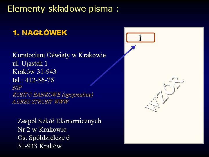 Elementy składowe pisma : Kuratorium Oświaty w Krakowie ul. Ujastek 1 Kraków 31 -943