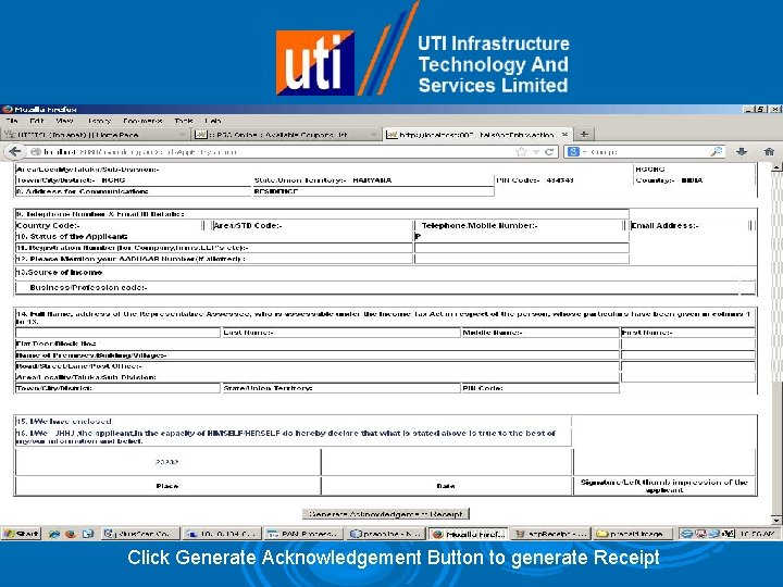 Click Generate Acknowledgement Button to generate Receipt 