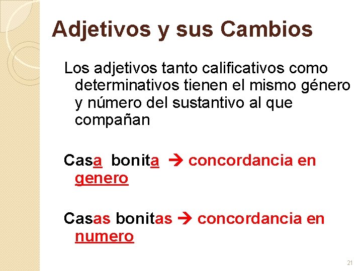 Adjetivos y sus Cambios Los adjetivos tanto calificativos como determinativos tienen el mismo género