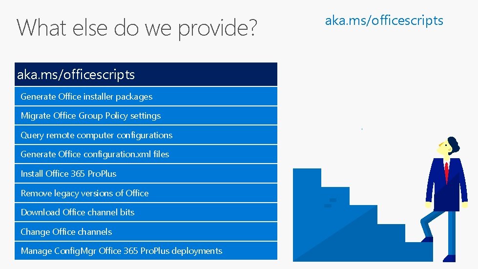 What else do we provide? aka. ms/officescripts Generate Office installer packages Migrate Office Group