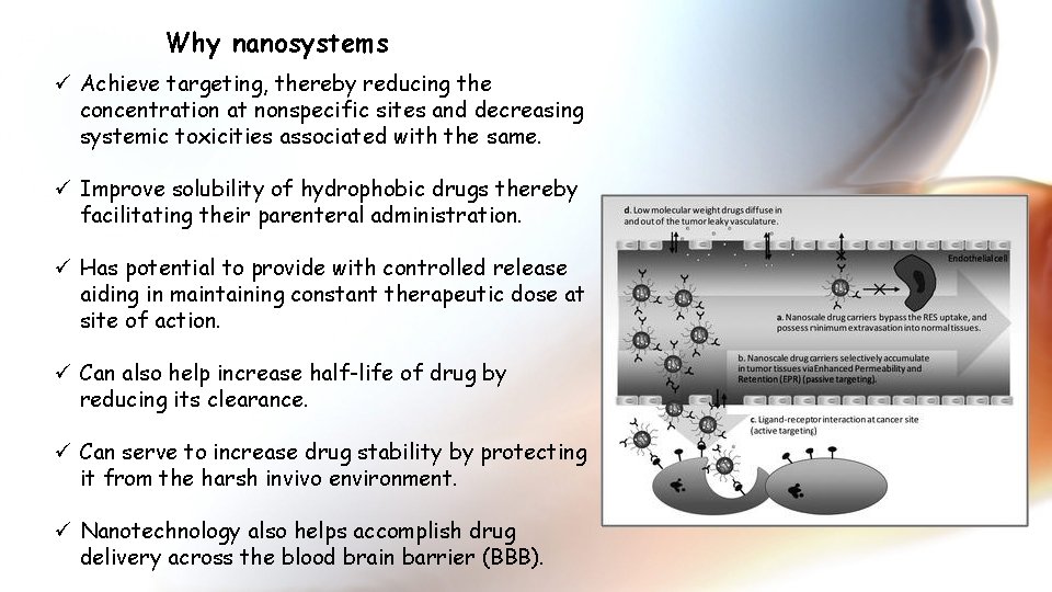 Why nanosystems ü Achieve targeting, thereby reducing the concentration at nonspecific sites and decreasing