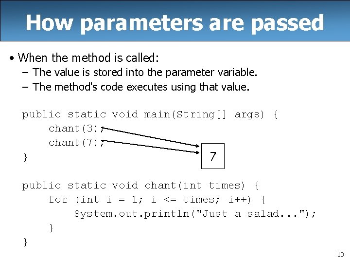How parameters are passed • When the method is called: – The value is