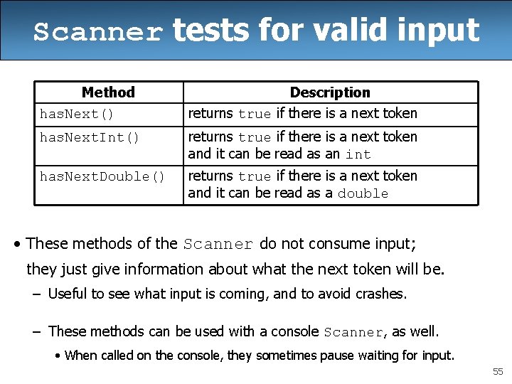 Scanner tests for valid input Method has. Next() Description returns true if there is